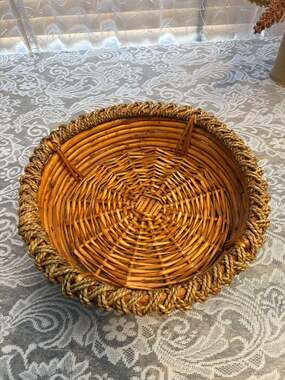Round Woven Basket with Decorative Rope-Wrapped Rim